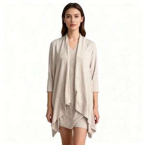 EILEEN FISHER Beige Tencel Stretch Cardigan Open Front Elbow Sleeve Sz S/M